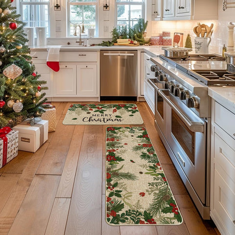 Artoid Mode Christmas kitchen mat in entryway adds seasonal charm and practical grip.