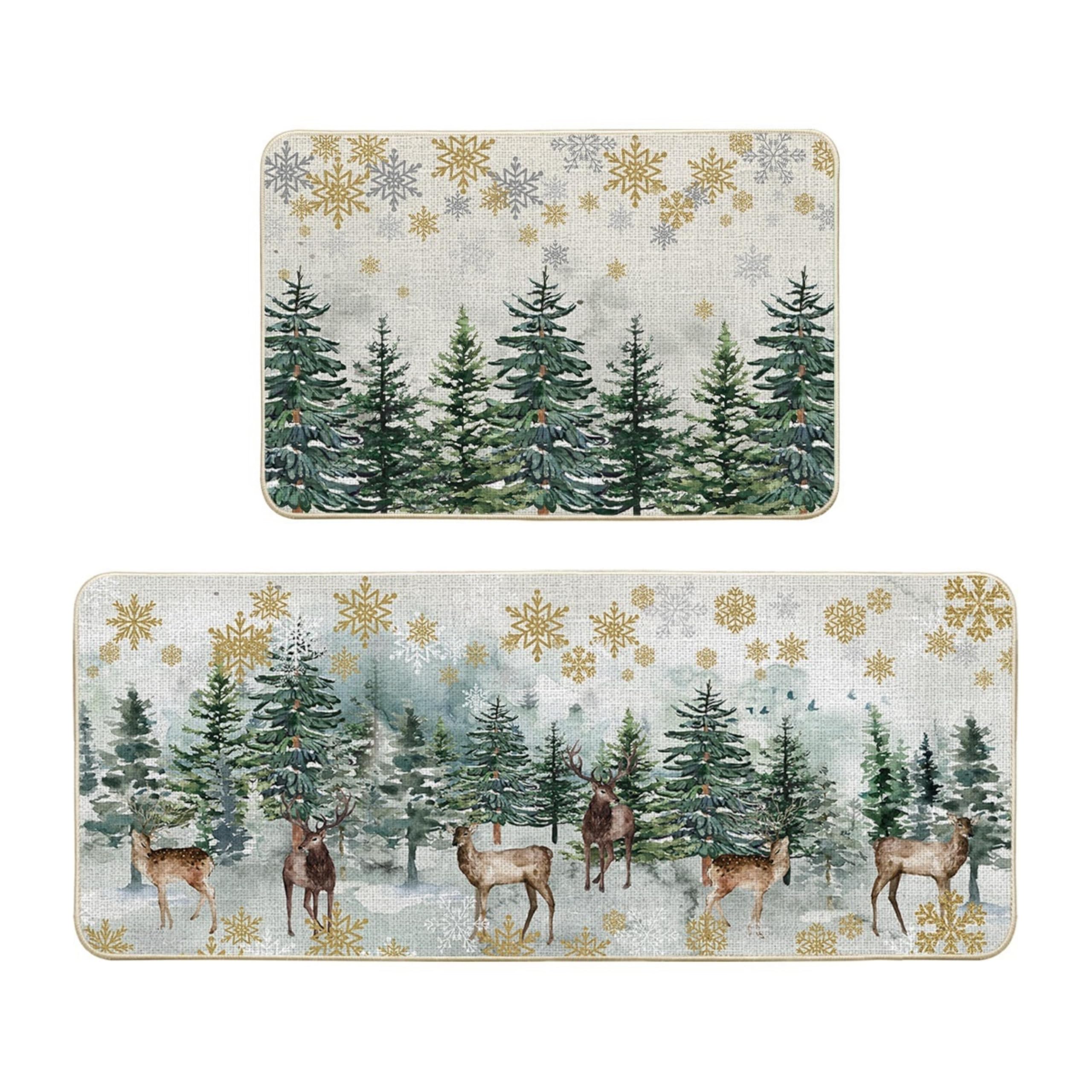 Artoid Mode Christmas kitchen mat with trees and deer adds festive flair and floor protection.