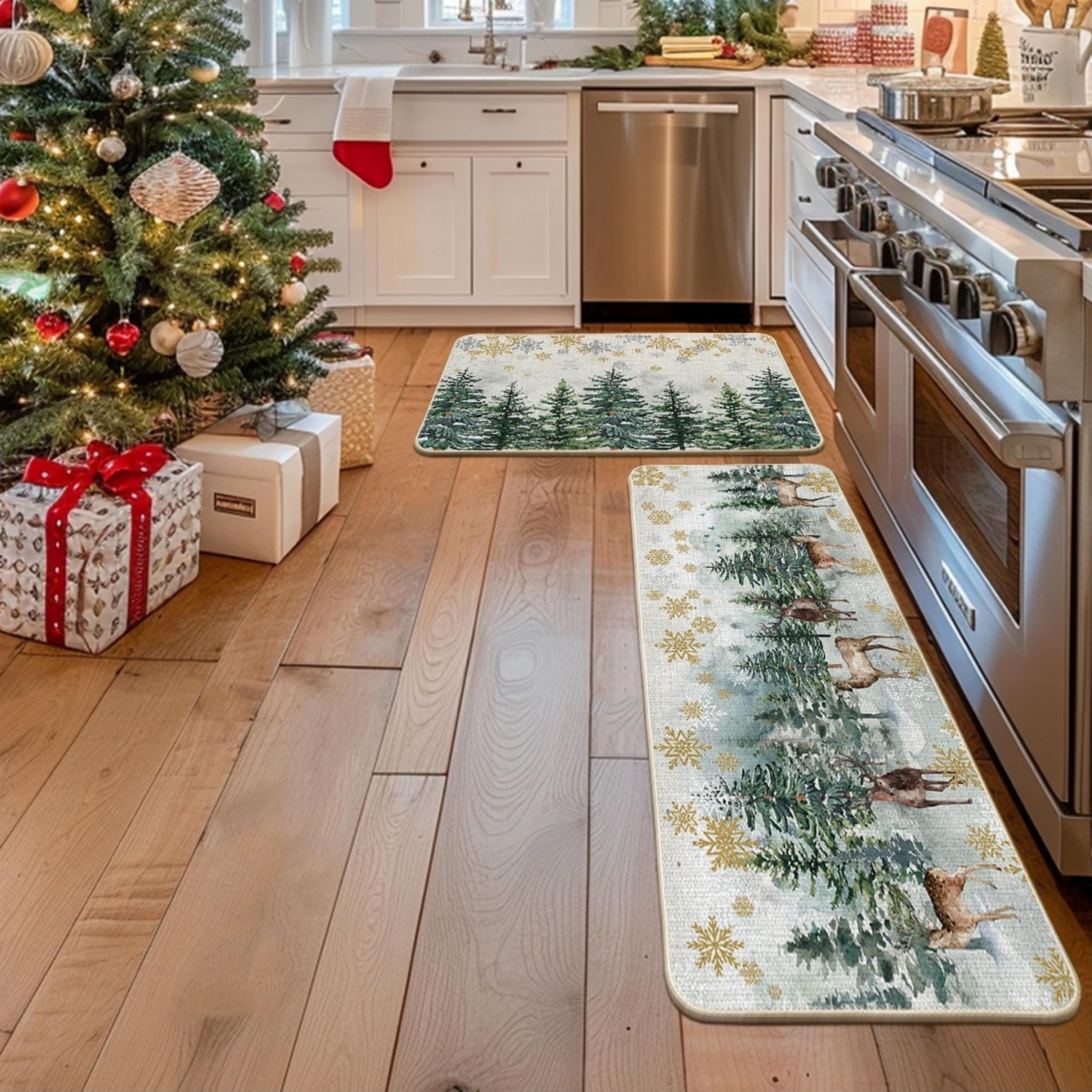 Artoid Mode Christmas kitchen mat with trees and deer provides seasonal ambiance and easy cleaning.