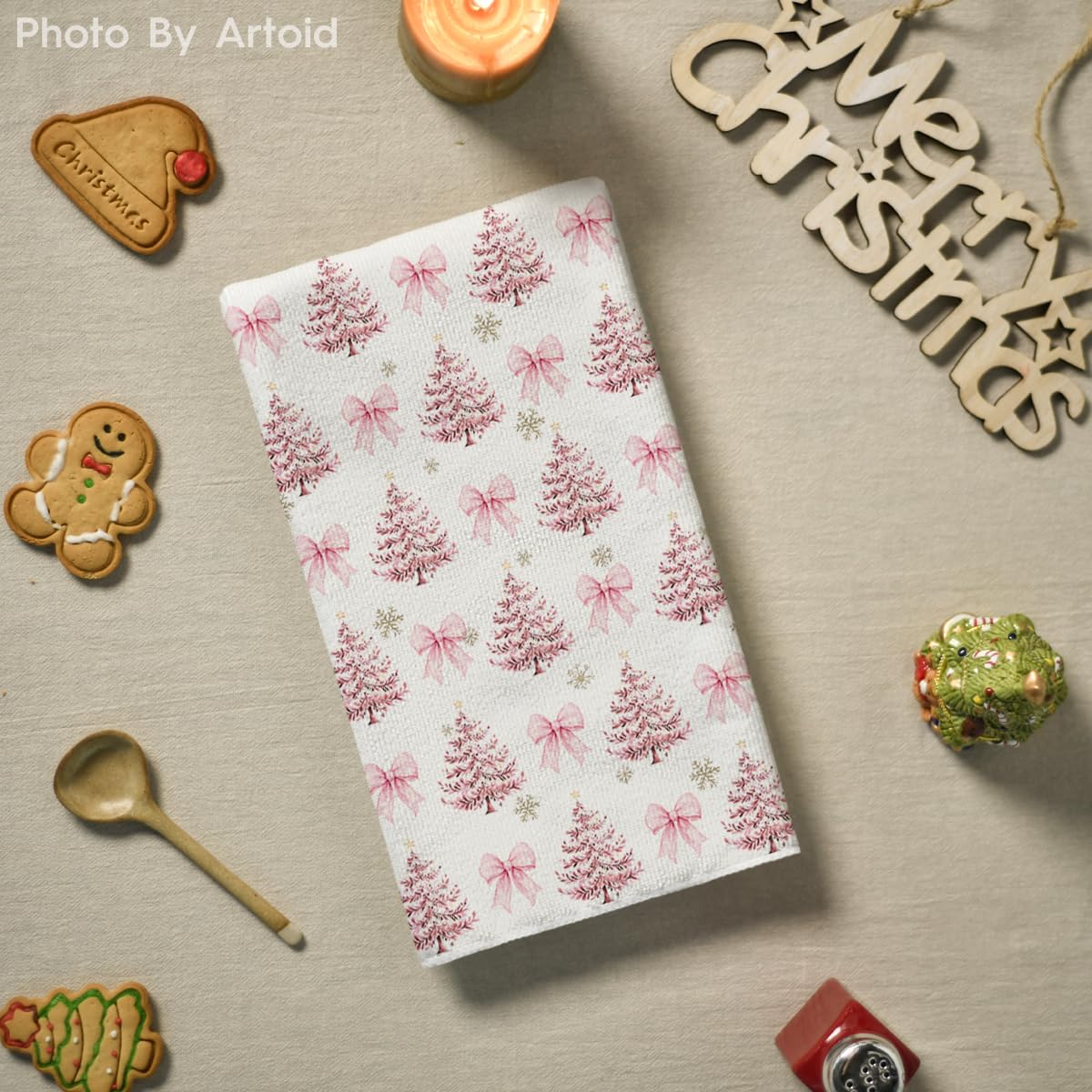 Artoid Mode Christmas kitchen towel decoration with snowflakes enhances seasonal aesthetics.