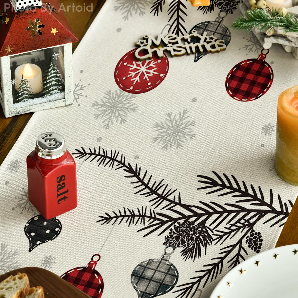 Artoid Mode Christmas table runner close-up displaying vibrant print and soft polyester.