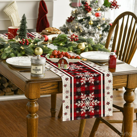 Artoid Mode Christmas table runner closeup shows vibrant pattern and durable stitching.