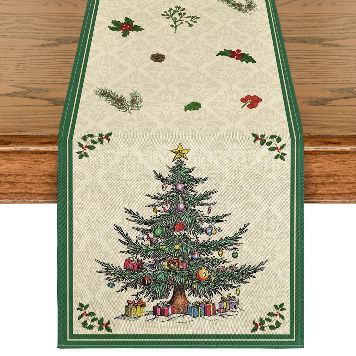 Artoid Mode Christmas tree runner in green protects table and adds festive charm.