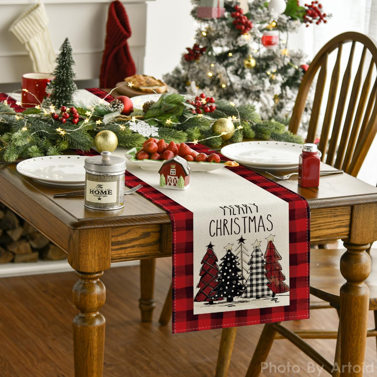 Artoid Mode Christmas trees buffalo plaid table runner enhances seasonal dining