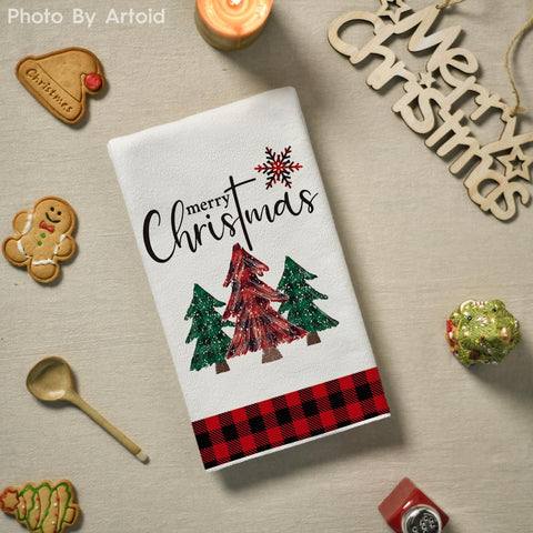 Artoid Mode Christmas Trees towel hanging on rack, festive and handy.