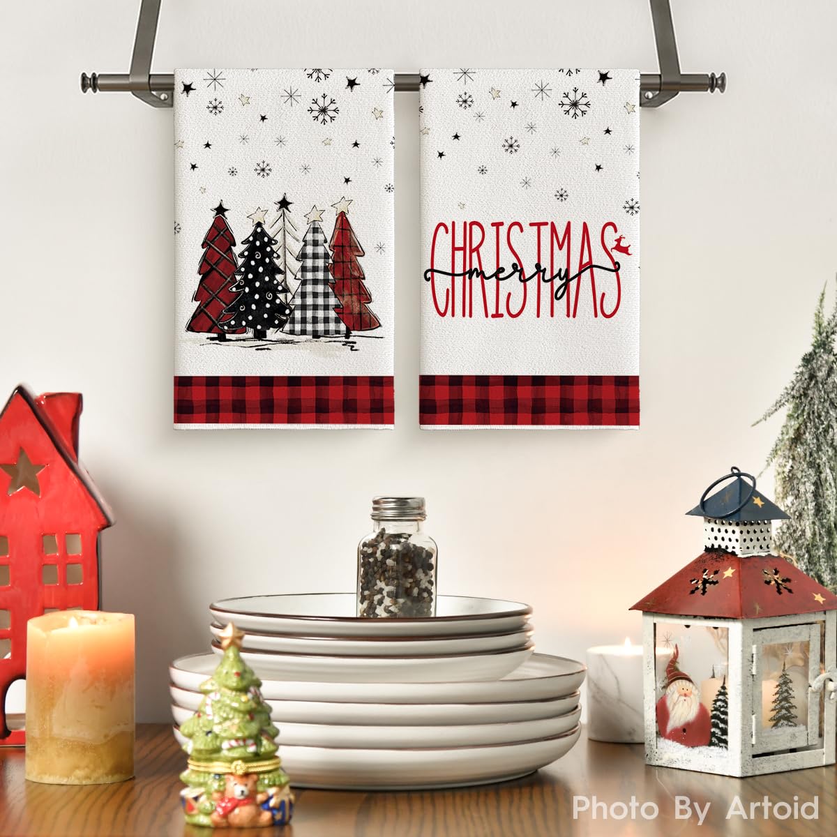 Artoid Mode Christmas trees plaid towels add seasonal flair while drying countertops.