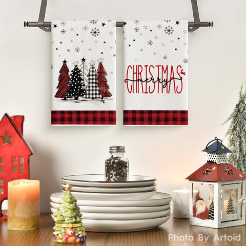 Artoid Mode Christmas trees plaid towels add seasonal flair while drying countertops.