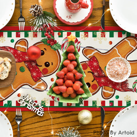 Artoid Mode gingerbread candy cane table runner protects surfaces during holiday gatherings.