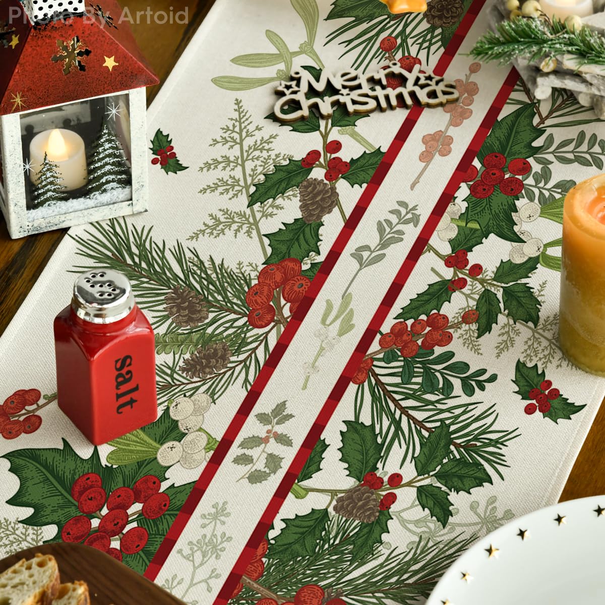 Artoid Mode colorful holiday runner enhances festive table setup.