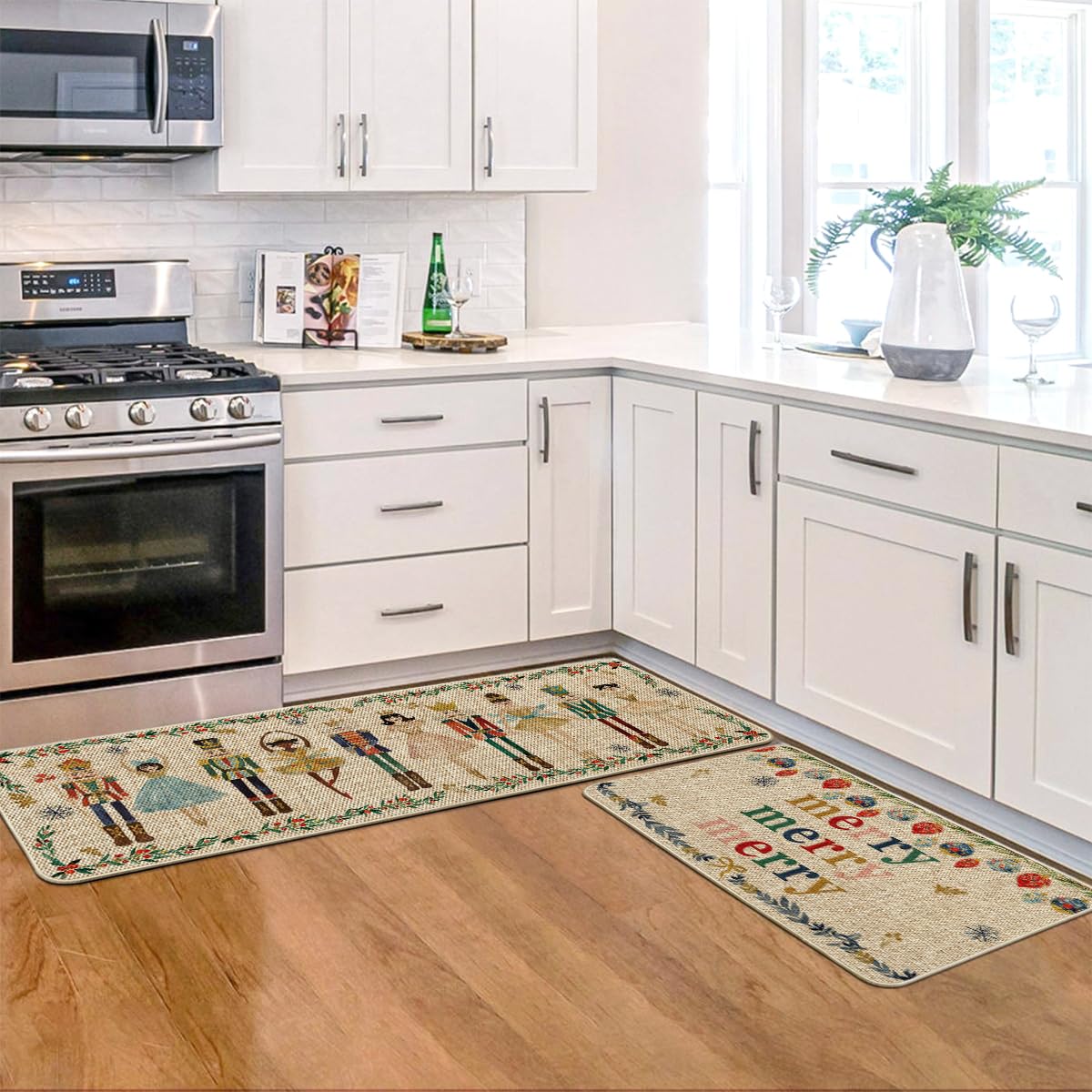 Artoid Mode decorative kitchen rug showcases bold art while guarding floors from dirt and spills.