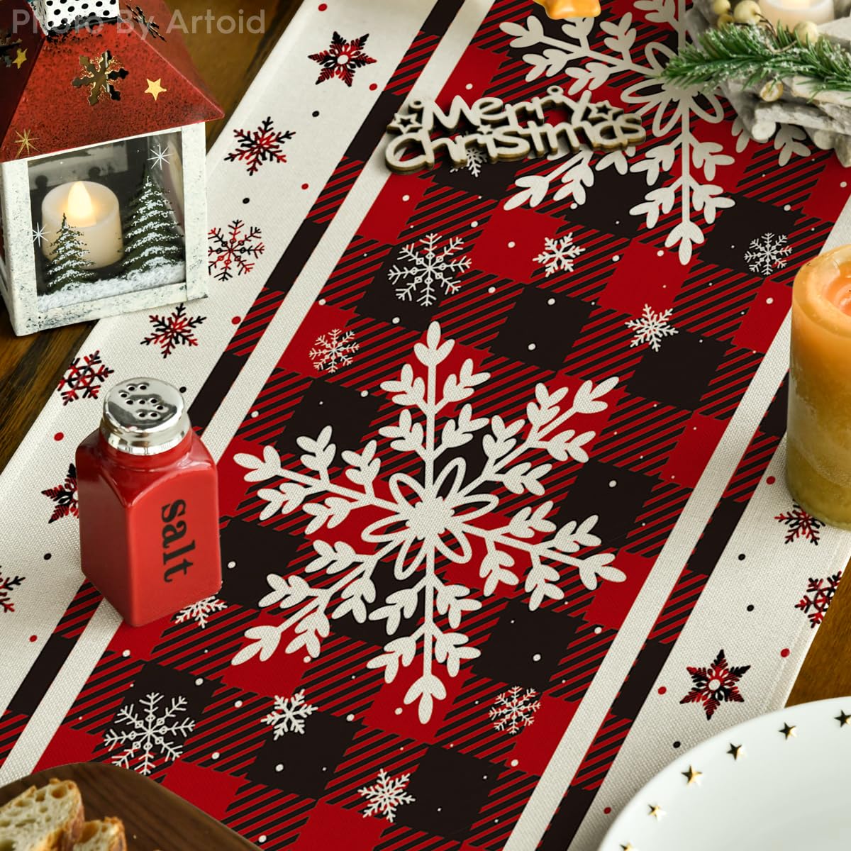 Artoid Mode dining table setup with snowflakes runner adding holiday color to table
