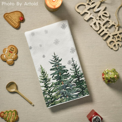 Artoid Mode elk trees snow hello winter towel close-up shows plush fibers and print detail