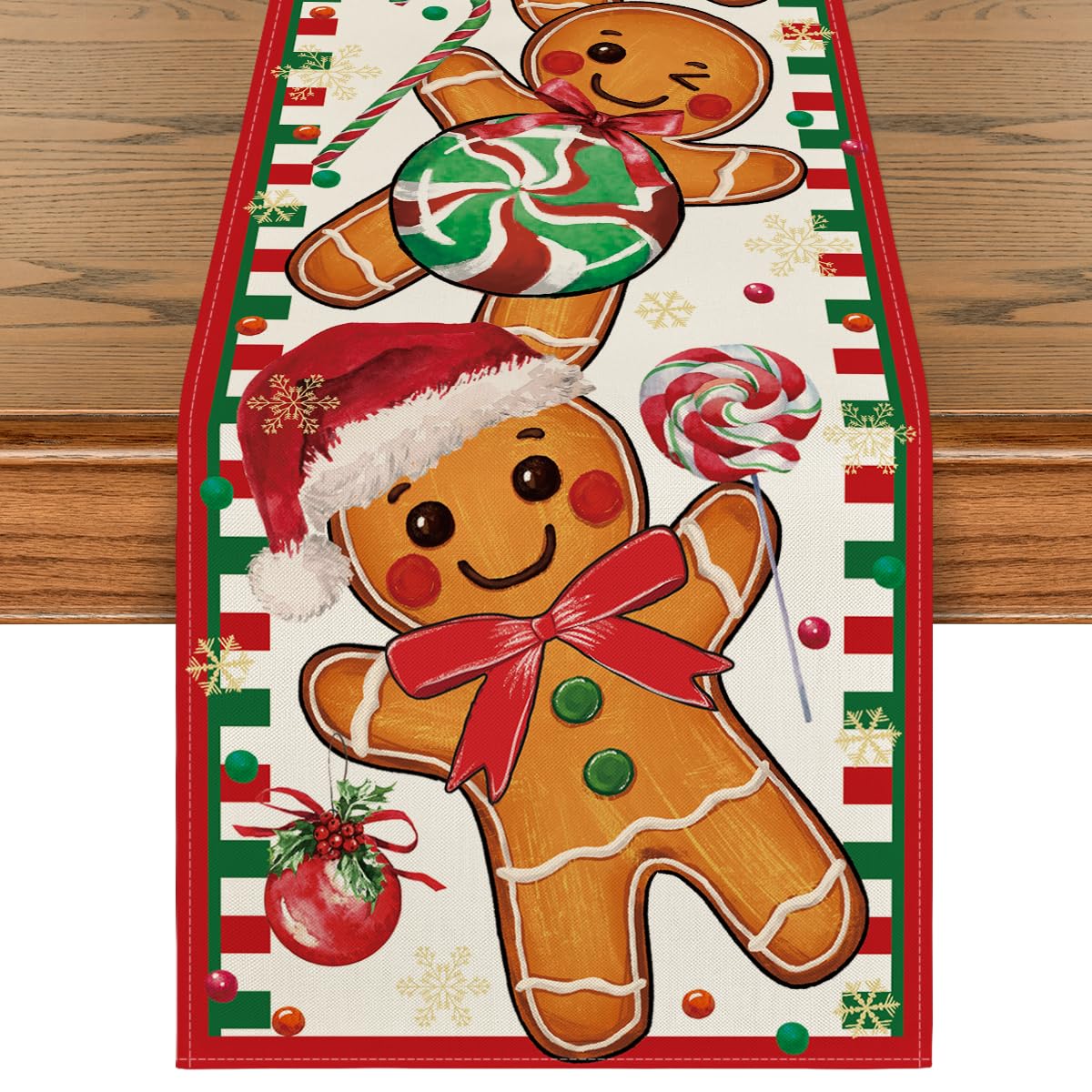 Artoid Mode gingerbread candy cane table runner front view enhances festive dining ambiance.