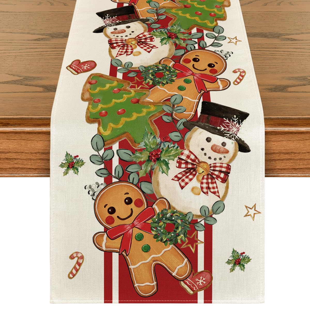 Artoid Mode gingerbread snowman table runner adds festive flair while protecting your dining surface.