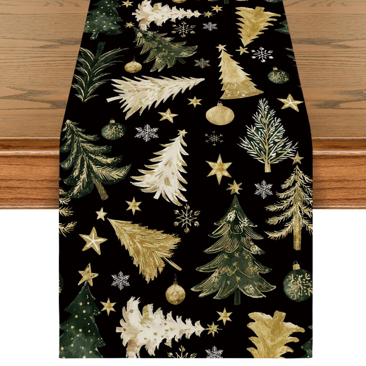 Artoid Mode Golden Pine Trees Snowflake table runner enhances holiday dining experience
