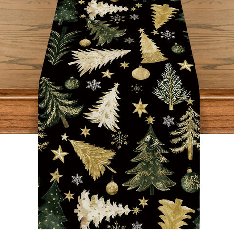 Artoid Mode Golden Pine Trees Snowflake table runner enhances holiday dining experience