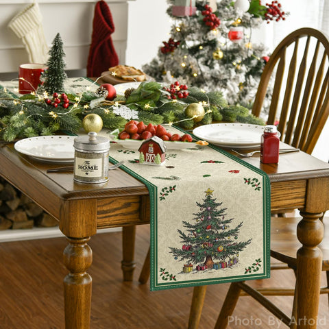 Artoid Mode green table runner showcases colorful print for holiday gatherings.