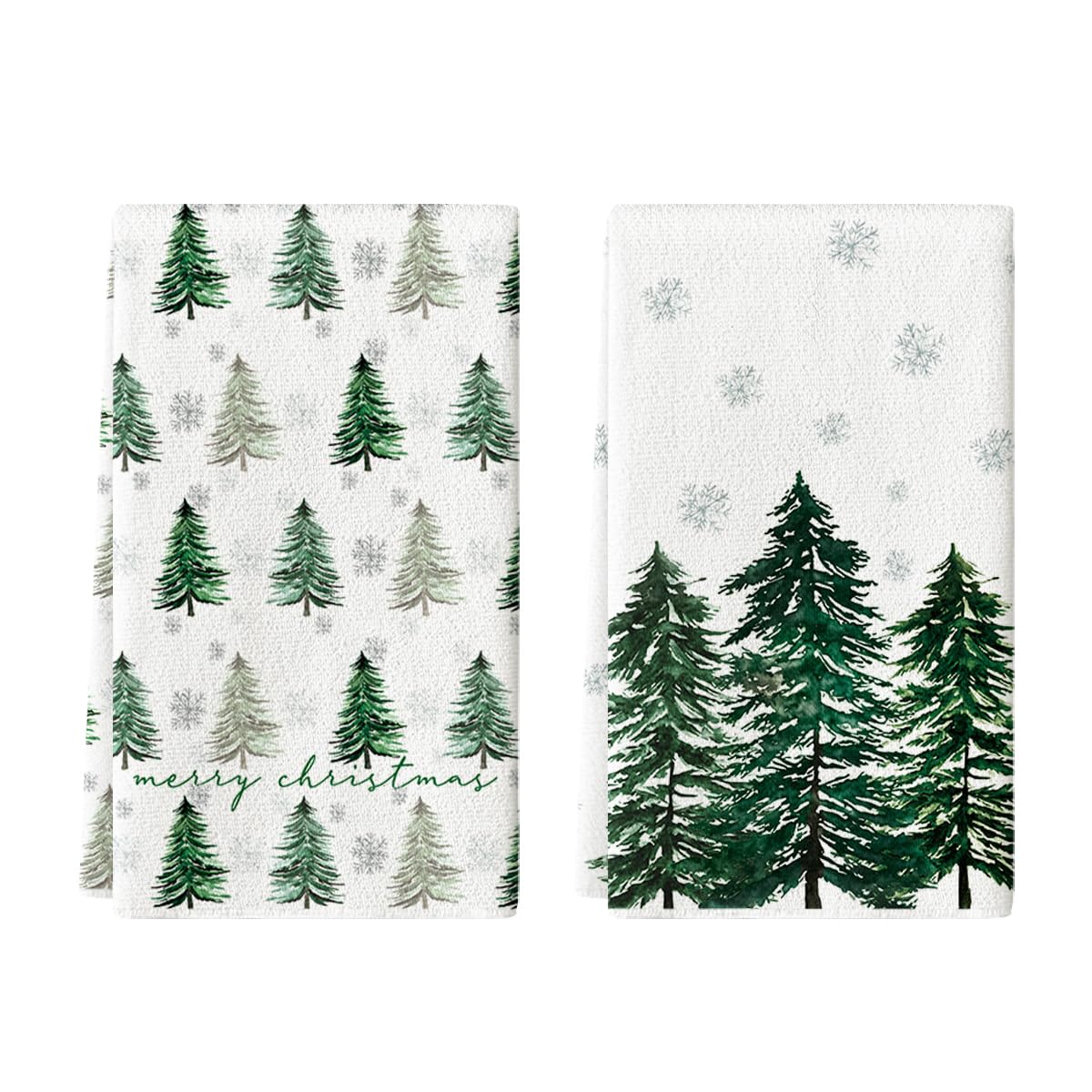 Artoid Mode green Xmas tree towels closeup showing soft, absorbent kitchen performance
