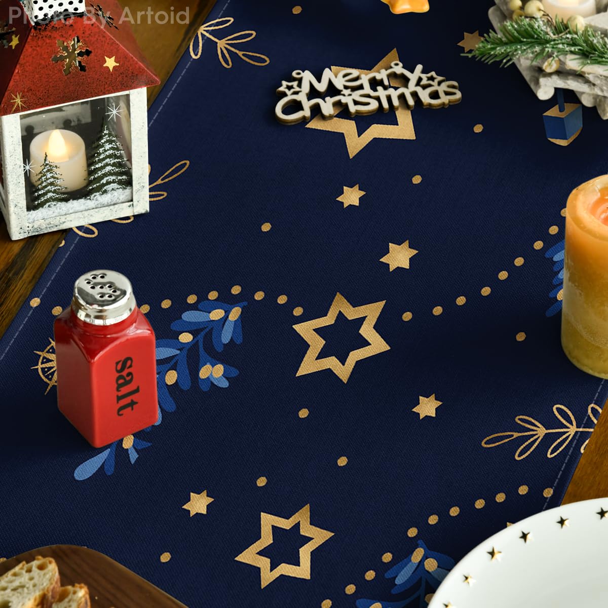 Artoid Mode Hanukkah Table Runner colorful design enhances seasonal dining.