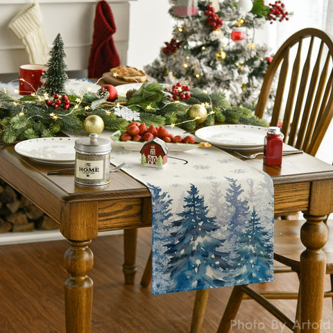 Artoid Mode Hello Winter table runner adds festive pine charm to gatherings.