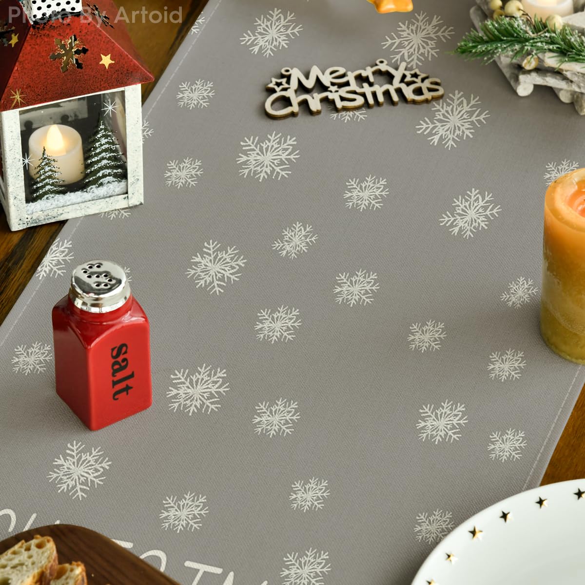 Artoid Mode holiday pattern runner set on a dining table for Xmas mood