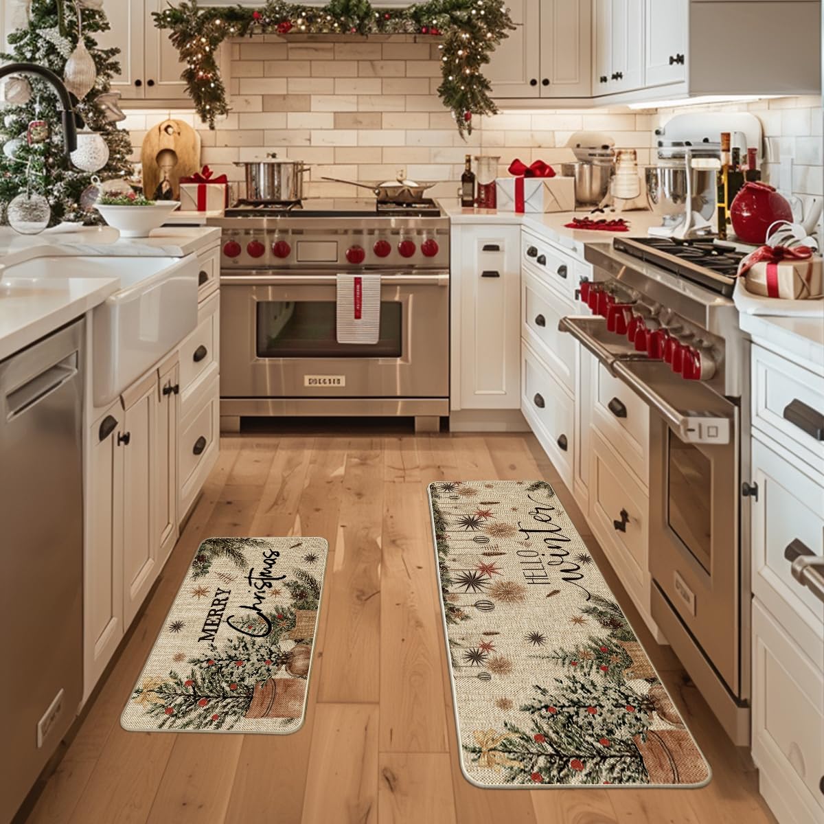 Artoid Mode holly ornament kitchen mat 17x47 adds seasonal charm and protects floors.