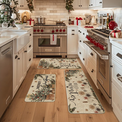 Artoid Mode Holly Ornament kitchen mat, 17x36, low-profile design reduces trips and slips.