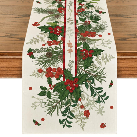 Artoid Mode holly pine cone leaves table runner for festive dining and protection.