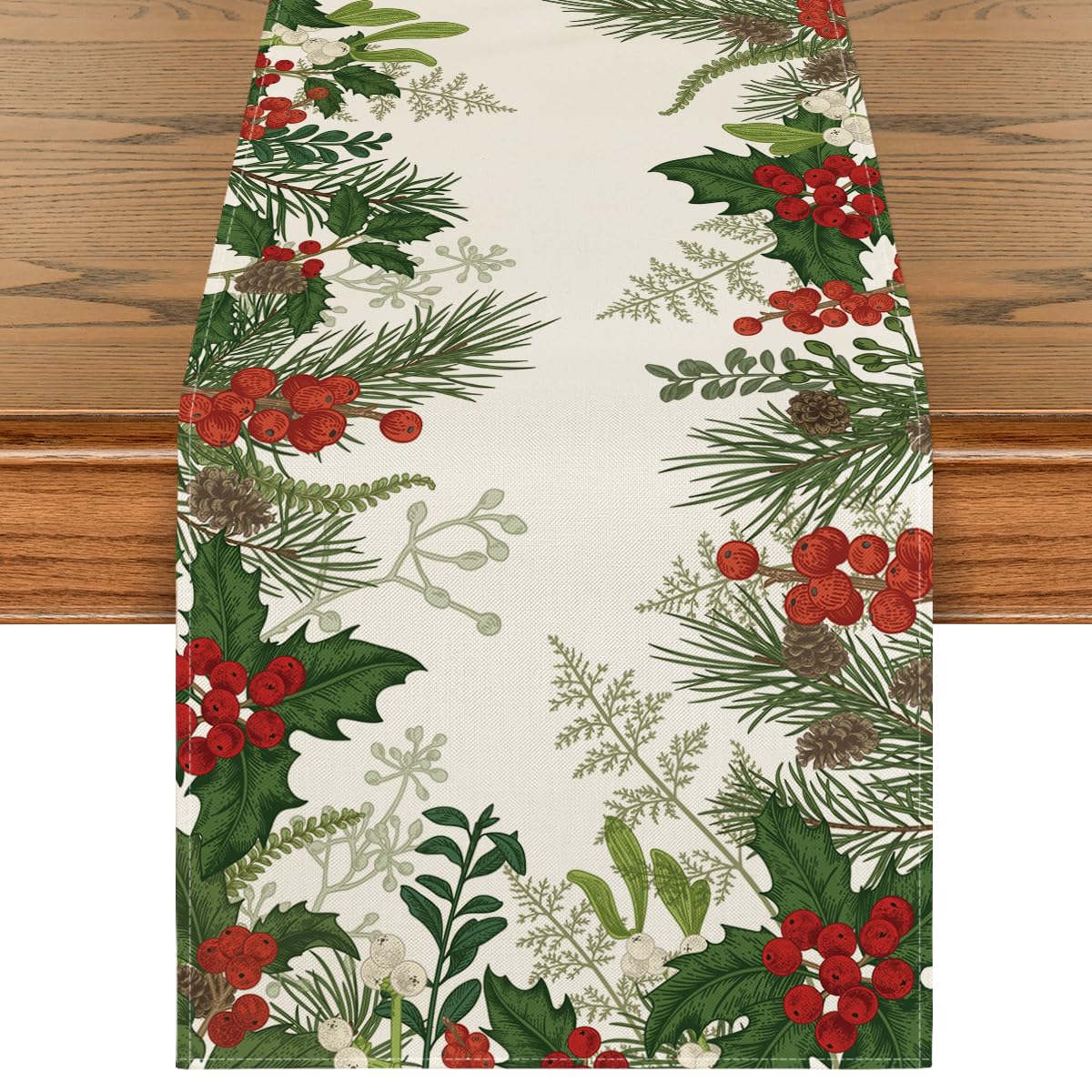 Artoid Mode Holly Pine Cone table runner adds festive charm to holiday dining.