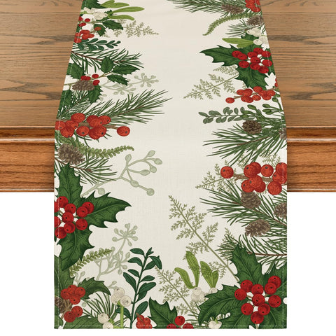 Artoid Mode Holly Pine Cone table runner close-up shows durable stitched edges for longevity