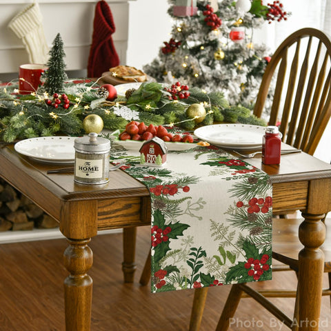 Artoid Mode Holly Pine Cone table runner on dining setup adds seasonal charm to meals.