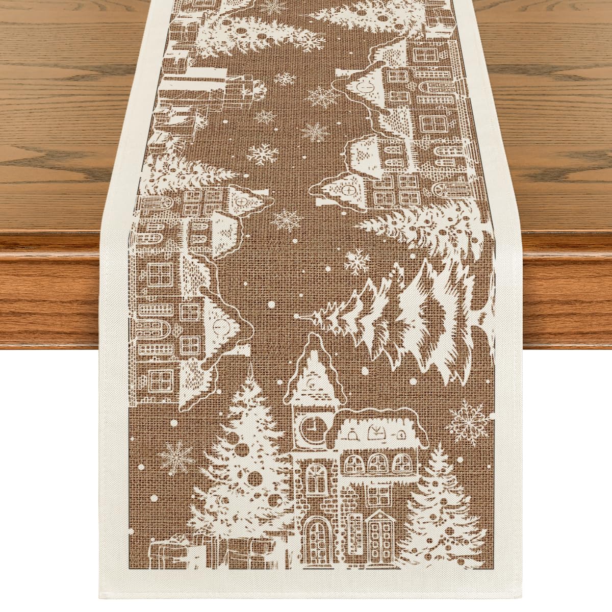 Artoid Mode Igloo Cedar Snowflake Silhouette table runner enhances holiday tables with winter charm.