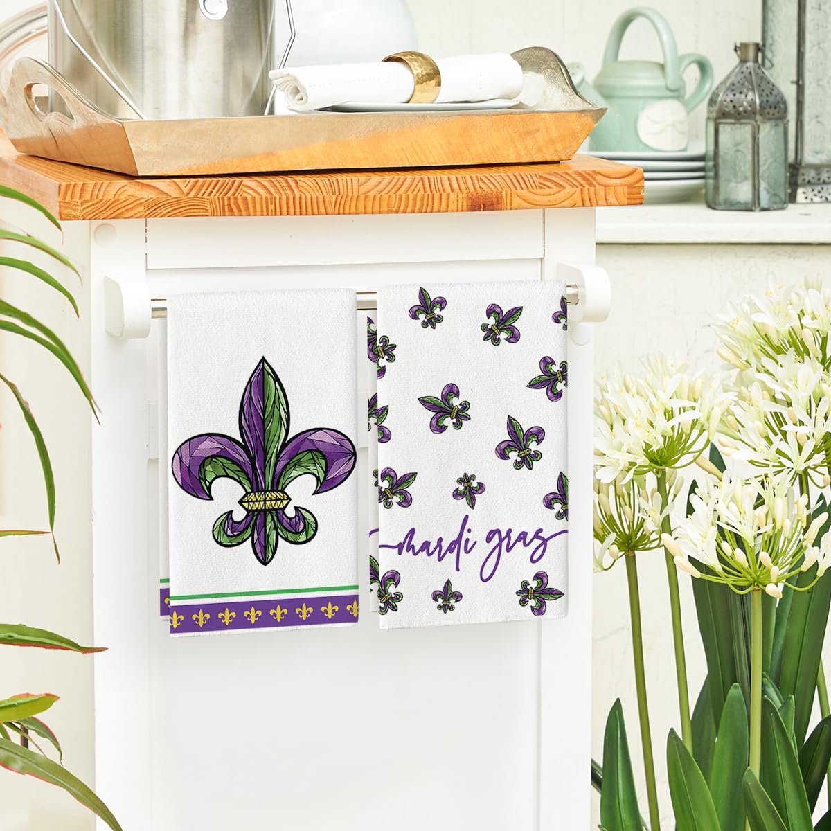 Artoid Mode Iris Mardi Gras towel in use while drying dishes