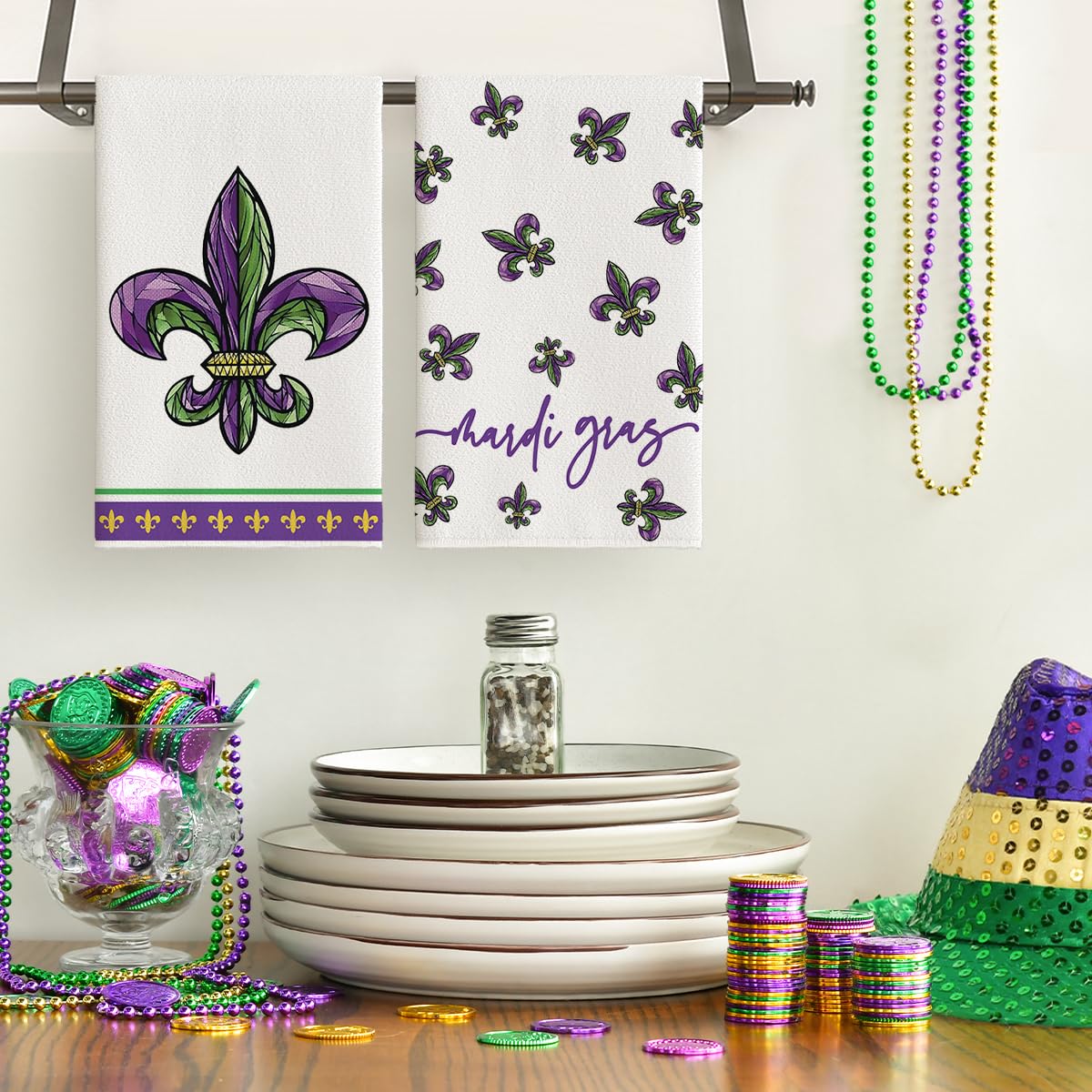 Artoid Mode Iris Mardi Gras towel absorbing spills while adding color to kitchen tasks