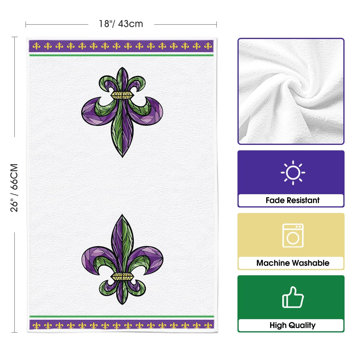 Artoid Mode Iris Mardi Gras towel on countertop protects cookware surfaces