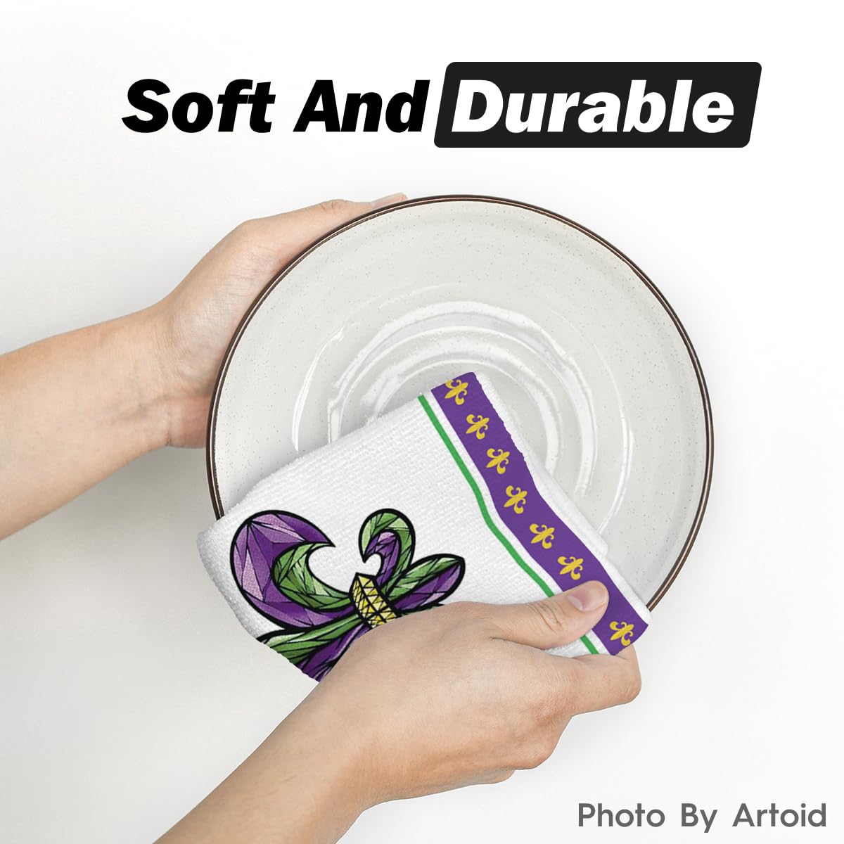 Artoid Mode Iris Mardi Gras towel, machine washable, retains absorbency