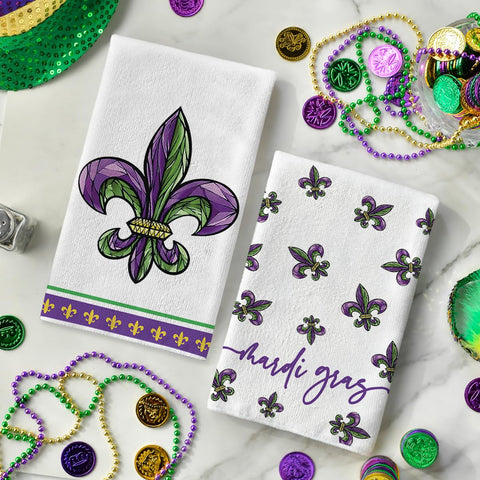 Artoid Mode Iris Mardi Gras towels set on rack for seasonal decor