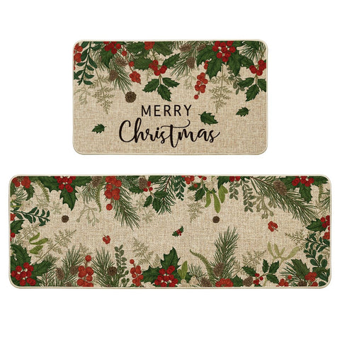 Artoid Mode Leaves Holly Christmas kitchen mat 17x29 adds seasonal flair and floor protection.