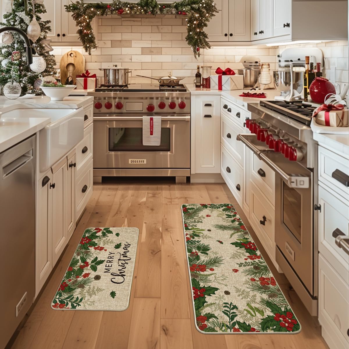 Artoid Mode Leaves Holly Christmas kitchen mat 17x47 enhances festive decor and protects floors.