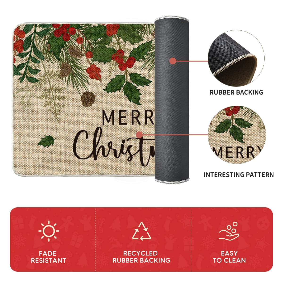 Artoid Mode Leaves Holly kitchen mats in dining space offer cohesive holiday decor and protection.