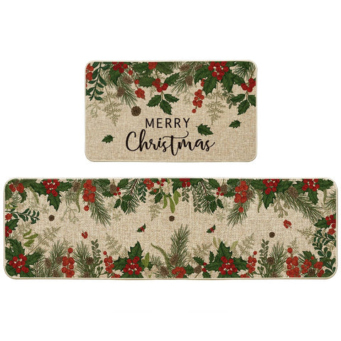 Artoid Mode Leaves Holly Merry Christmas kitchen mat 17x29 with festive pattern for holiday entryways.