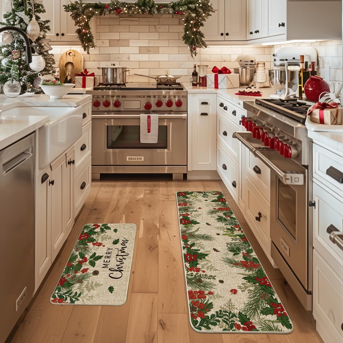 Artoid Mode Leaves Holly Merry Christmas kitchen mat 17x59 long runner adds seasonal flair and protection.