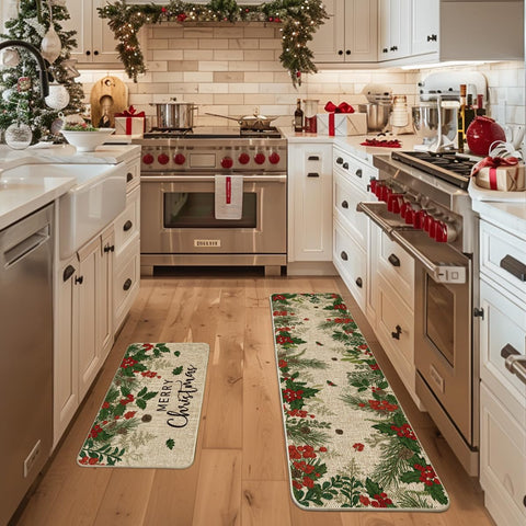 Artoid Mode Leaves Holly Merry Christmas kitchen mat 17x59 long runner adds seasonal flair and protection.