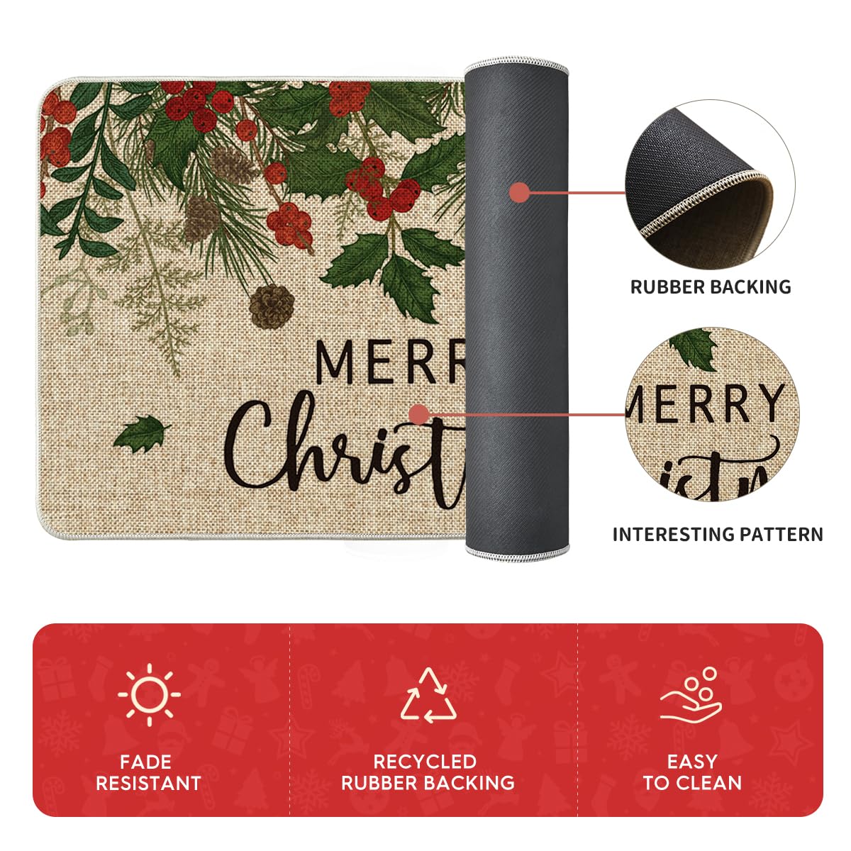Artoid Mode Leaves Holly Merry Christmas kitchen mat suits dining or entry spaces with festive flair.