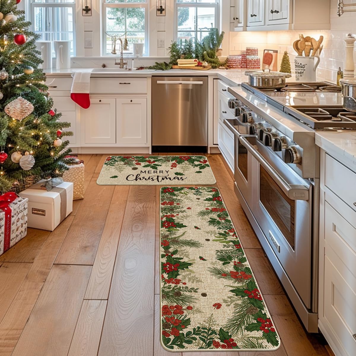 Artoid Mode holiday kitchen mat with easy-clean surface resists dirt and spills.