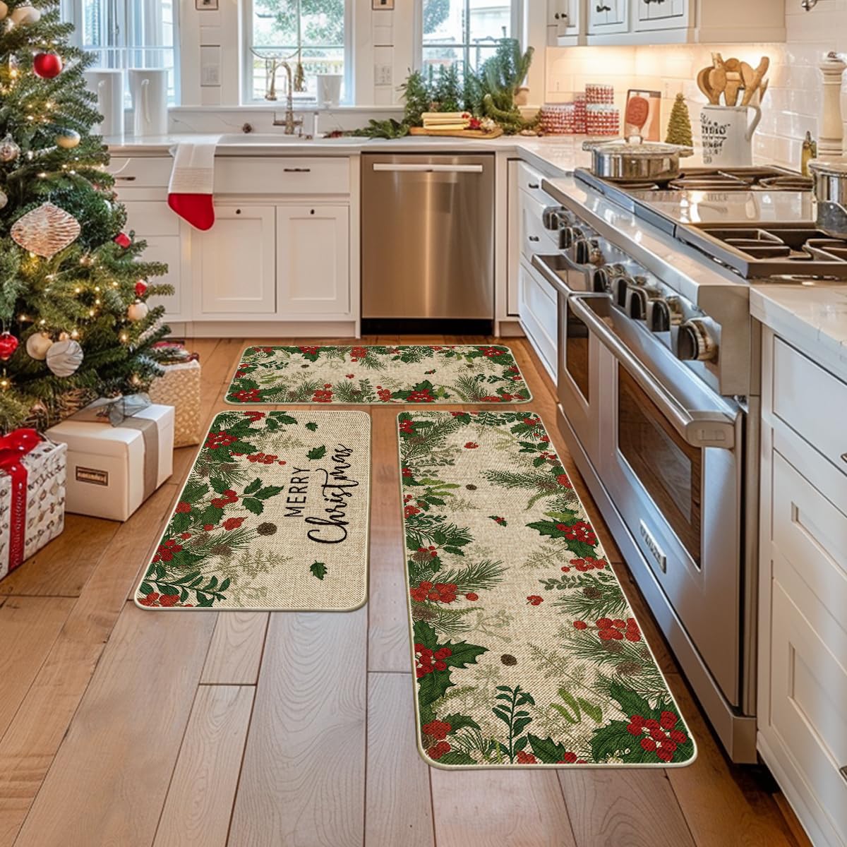 Artoid Mode Leaves Holly Merry Christmas kitchen mat with non-slip backing keeps mats in place.
