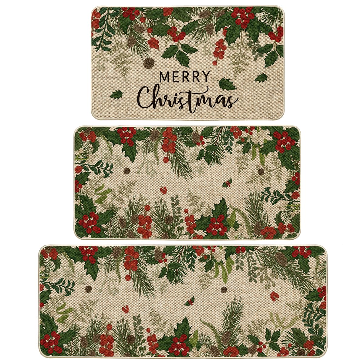 Artoid Mode Leaves Holly Merry Christmas 17x29 kitchen mat protects floors with festive style.