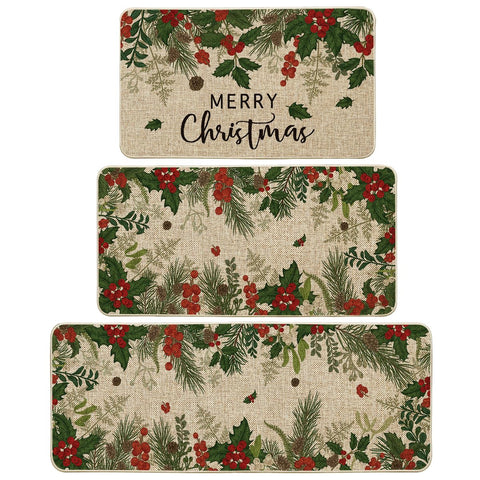 Artoid Mode Leaves Holly Merry Christmas 17x29 kitchen mat protects floors with festive style.
