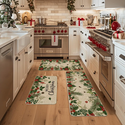 Artoid Mode Leaves Holly Merry Christmas 17x36 kitchen mat adds seasonal color to doorways.