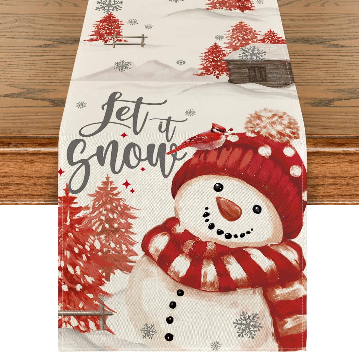 Artoid Mode Let It Snow red snowman table runner closeup showing festive texture and color